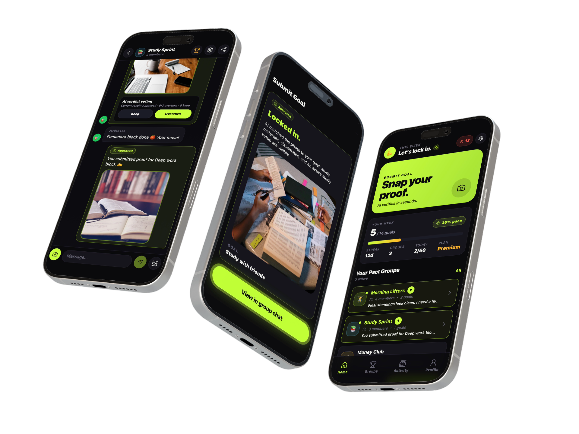Pact app screens showing proof submissions, AI verification, and weekly progress